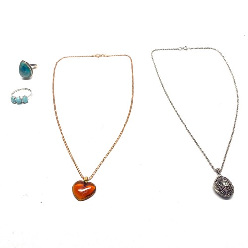 884 - Italian silver necklace with a heart pendant, a silver locket and chain and two silver rings size S