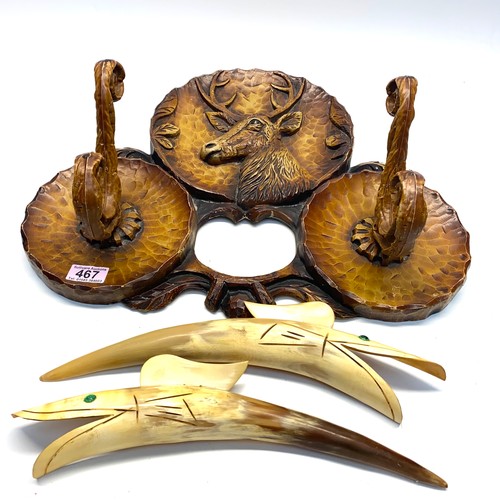 467 - wood effect buck wall hanging coat hanger and carved bulls horn in a shape of a fish.