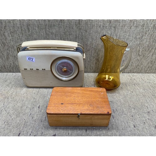 472 - Bush Radio, costume jewellery box and a smoked orange juice jug.