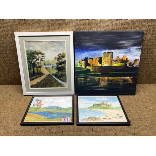 475 - collection of 4 watercolor and oil paintings depicting wales including caerphilly castle, and brecon... 