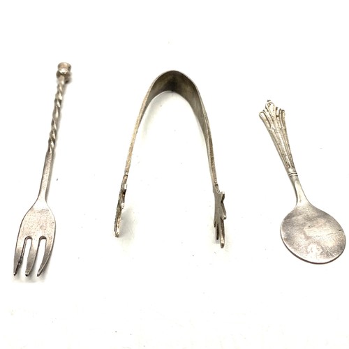 889 - Sterling silver pickle fork, small sterling silver sugar tons, Birmingham 1931 by James Swann & Son,... 