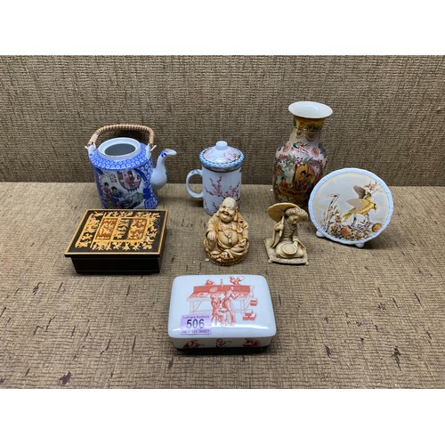 506 - collection of asian ceramics including a tea cup, tea pot, satsuma vase.