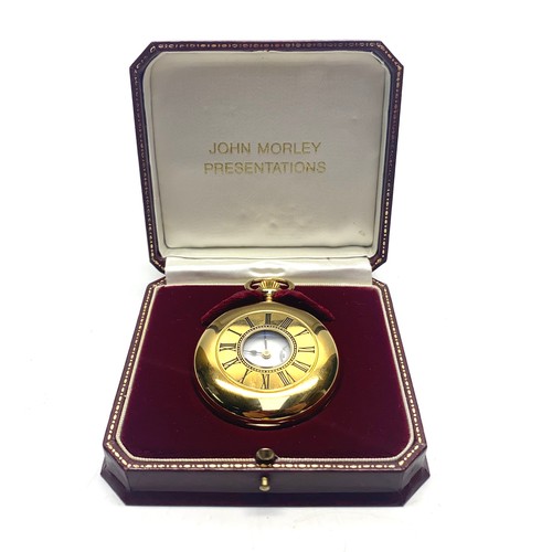 919 - Half Hunter Swiss made Presentation pocket watch by John Morley with chain. In unworn condition with... 