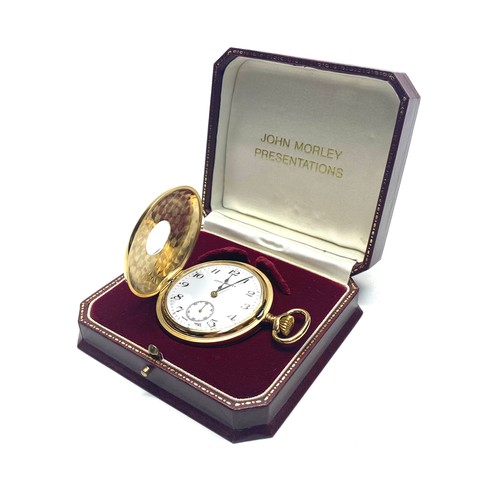 919 - Half Hunter Swiss made Presentation pocket watch by John Morley with chain. In unworn condition with... 