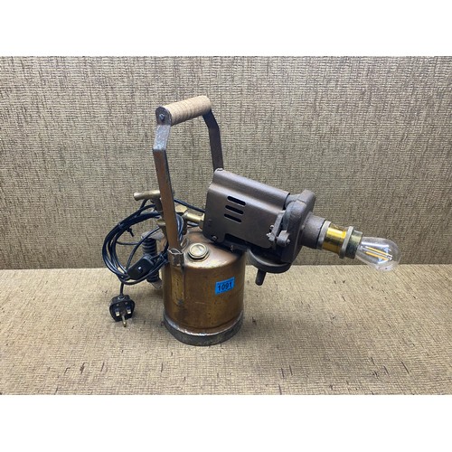 1091 - Vintage large brass and metal blow torch converted into a lamp.