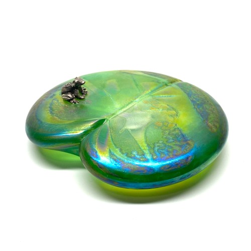 983 - Iridescent hand blown art glass frog on a lily leaf paper weight signed by Lazlo.