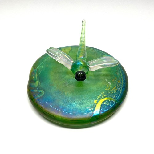 984 - Iridescent hand blown art glass paper weight Dragon fly on a lily leaf signed by Lazlo.