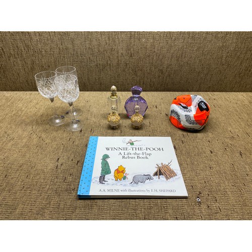 479A - Four crystal perfume bottles, Bohemia crystal glasses, Winnie the pooh Lift up flap book and premier... 