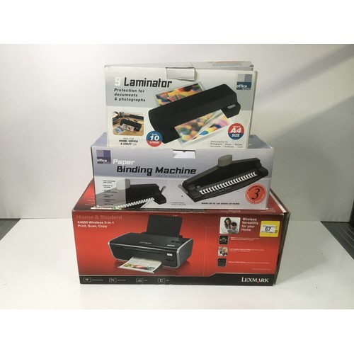 67 - Mixed selection of electronics including laminator, paper binding machine and a wireless 3-1 print, ... 