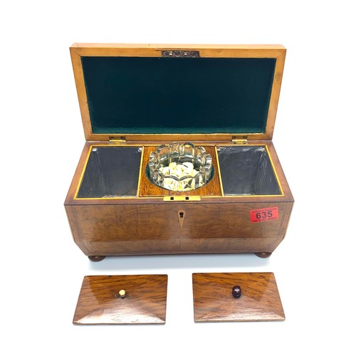 635 - Stunning Bur Walnut wood tea caddy with marquetry inlays dated 28th August 1846.