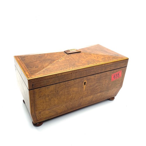 635 - Stunning Bur Walnut wood tea caddy with marquetry inlays dated 28th August 1846.