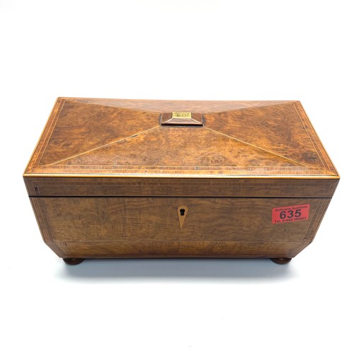 635 - Stunning Bur Walnut wood tea caddy with marquetry inlays dated 28th August 1846.