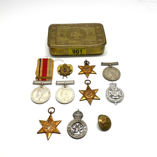 901 - WW1 Princess Mary Christmas Tin 1914 and a set of six WW2 medals and related items.