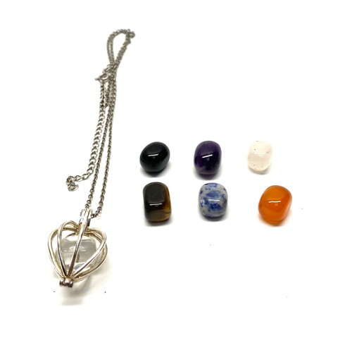 706 - Silver cage opening  locket and chain, with different semi-precious stones that you can change to go... 