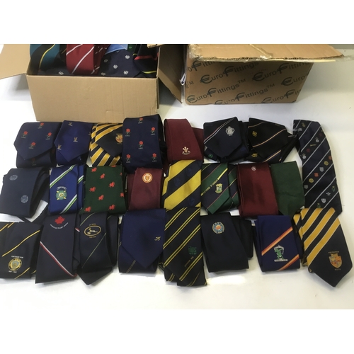 259 - A large quantity of vintage ties all sports related including a hat from the Hat company Susquehana