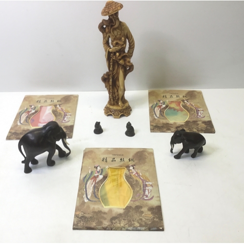 260 - Mixed collectibles including Chinese silks, figurine and two elephants