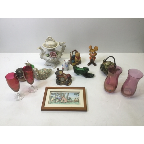 499 - Mixed lot of collectible items including Capodimonte,Winnie the Pooh and some cranberry glass