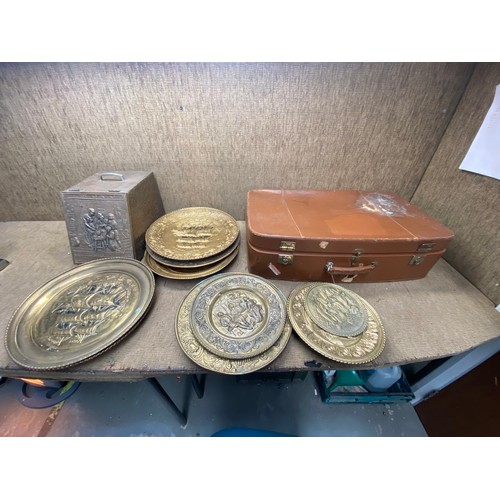 268 - large collection of brass items including coal scuttle storage box and a lovely suitcase.