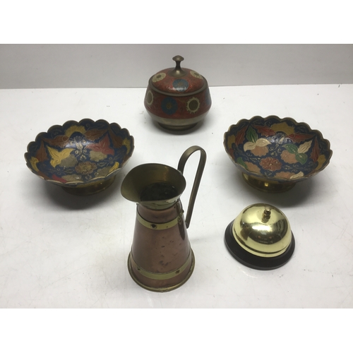 730 - Selection of brass enamelled bowls, copper jug and a reception bell