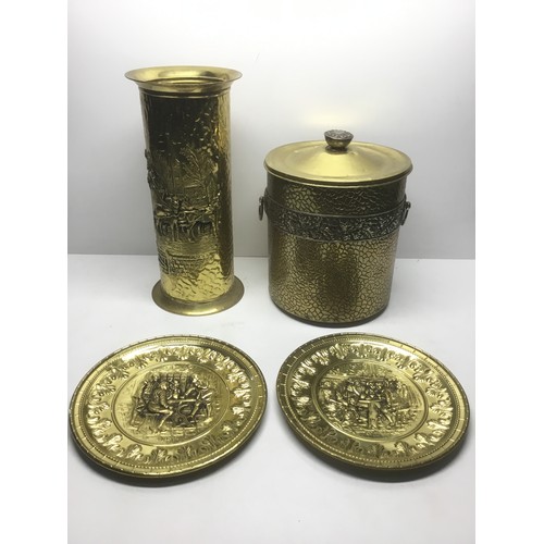 80 - A selection of brass items including an umbrella stand and two wall plates