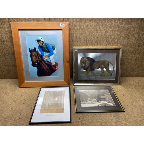 278 - Mixed pictures including Lester Piggot on the 2000 Guineas winner 1992 and a lion etching style pict... 