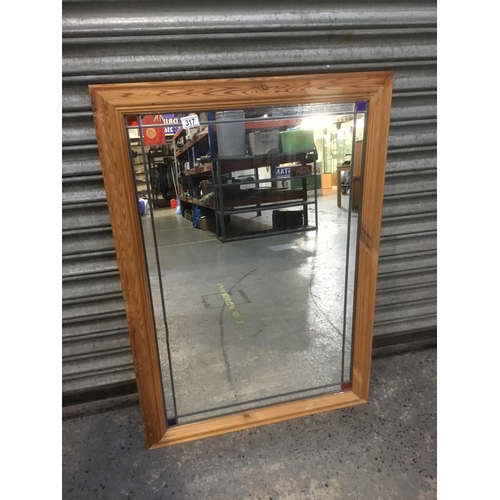 317 - Large pine mirror with lead and stained glass decoration 102cm x 71cm