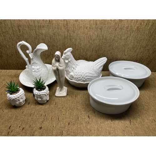 307 - mixed ceramic items including claret jug, and a chicken egg holder.