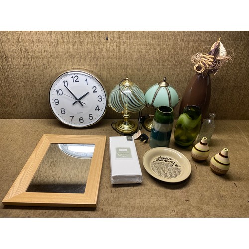 308 - mixed household items including touch lamps, ceramic vases, and a wall clock.