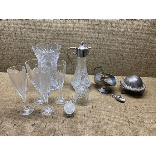 511 - collection of cut crystal and silver plate items including wine claret, ornamental trinket dish and ... 