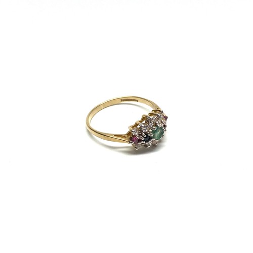 987 - Pretty 9ct gold cluster ring with Sapphires, emeralds, rubies and CZ size P and 2.2g.
