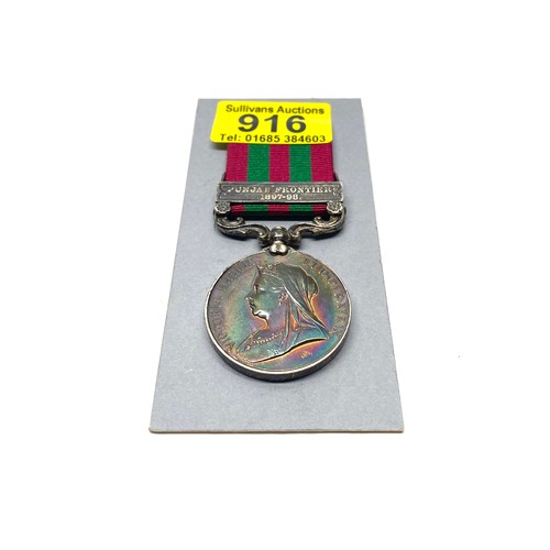 916 - The India General Service Medal 1895, with Punjab Frontier (1897-98) clasp. Awarded to: 3634 Pte T S... 