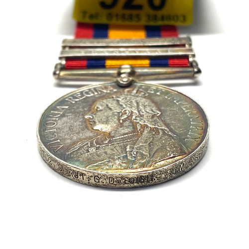 920 - Queen's South Africa Medal With South Africa 1902 and Transvaal Clasps awarded to : 3702 Sgt G Dredg... 