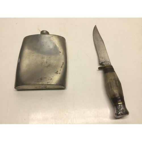 528 - Pewter hip flask and a vintage Bowie knife