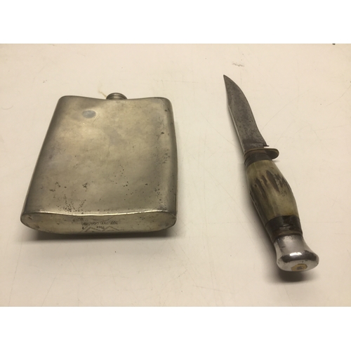 528 - Pewter hip flask and a vintage Bowie knife