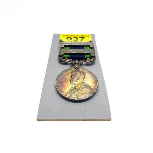 937 - India General Service Medal 1908-35 George V, with Waziristan 1919-21 clasp and Afghanistan NWF 1919... 