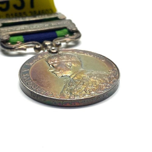 937 - India General Service Medal 1908-35 George V, with Waziristan 1919-21 clasp and Afghanistan NWF 1919... 