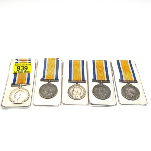 939 - Five WW1 British War Medals awarded to: Ptes 5856 A G Strong , 8480 H J Woodford, 1972 R C White, 13... 