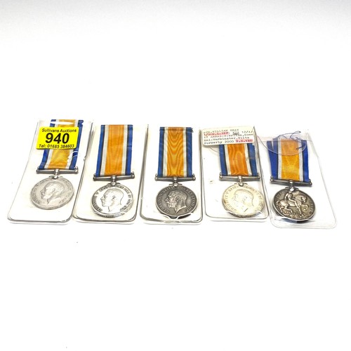 940 - Five WW1 British War Medals awarded to: Ptes 16750 W Pattemore (KIA France 1-3-1917) , 9220 A Bell (... 