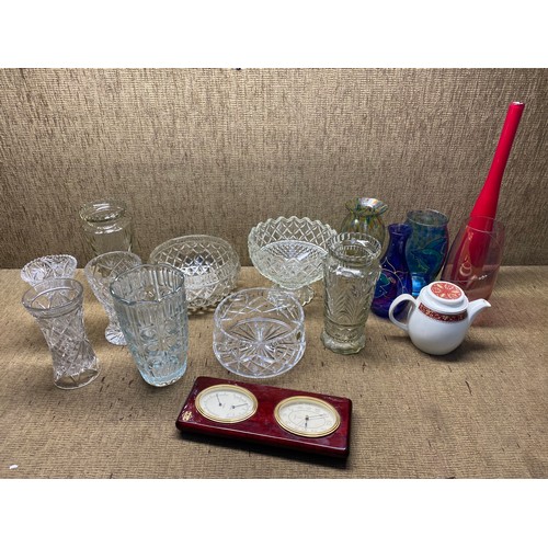 269A - Collection of coloured art glass and cut crystal including: vases and Royal Doulton Tea pot.