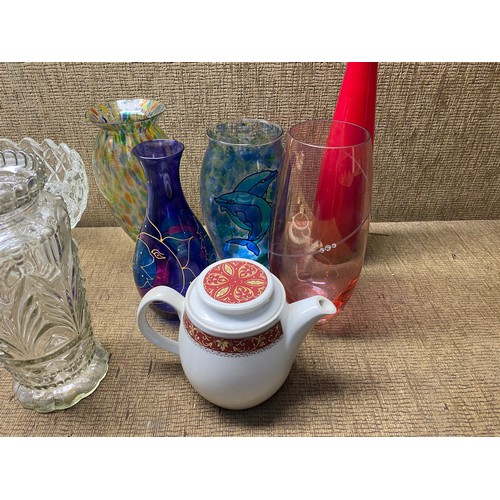 269A - Collection of coloured art glass and cut crystal including: vases and Royal Doulton Tea pot.