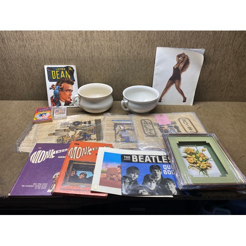 13 - mixed items including tina turner photo album, beatles quiz book and the monkees annual.