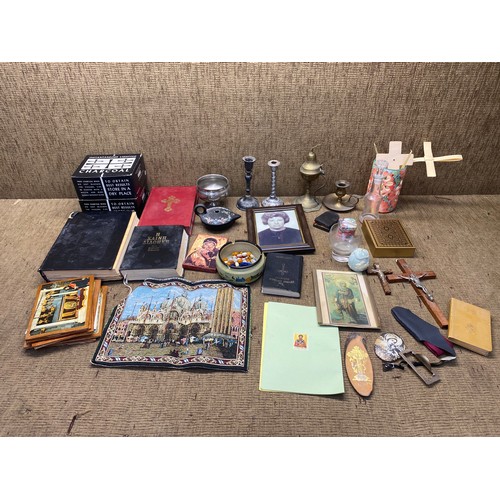 62 - Large collection of religious items including: Candle sticks, Crucifix and religious coal.