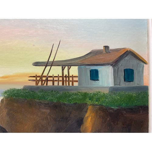 1010 - gorgeous oil on canvas of a beach house by greek artist with signature in a art nouveau gold gilt fr... 