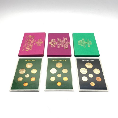 654 - 3 Royal Mint proof coinage collections including: The First Coinage of Tuvalu 1976, Kingdom Of Swazi... 