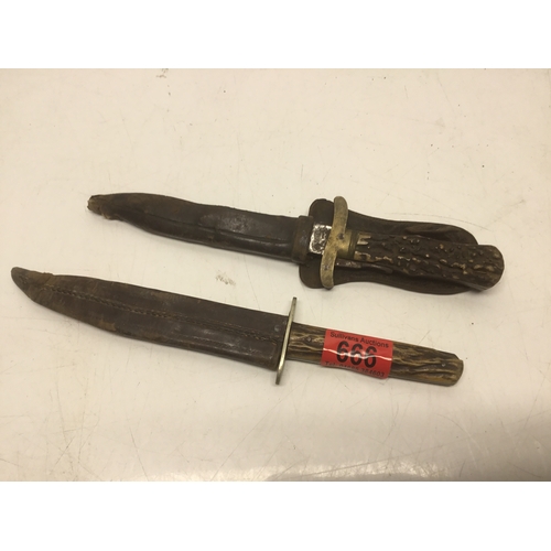 666 - Two vintage hunting knives in leather sheaths. Over 18 items, please note these items will not be po... 