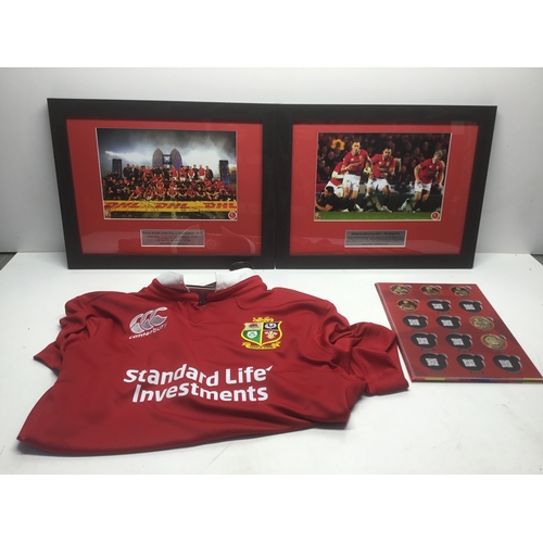 1026 - Two British and Irish Lions framed photos including coins and a Rugby shirt with tags; 3XL shirt siz... 