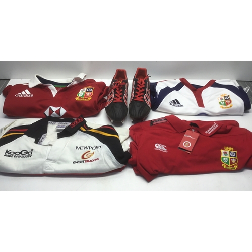 1027 - Four rugby shirts mixed sizes (XL to 3XL) and a pair of rugby boots size ten