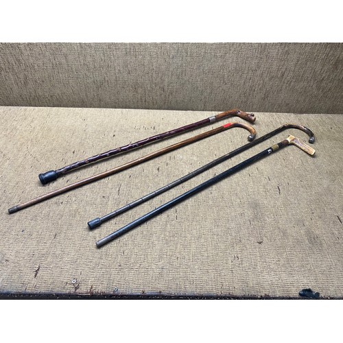 677 - 3 lovely silver collared walking sticks and a brass collared walking stick with a deer antler handle... 