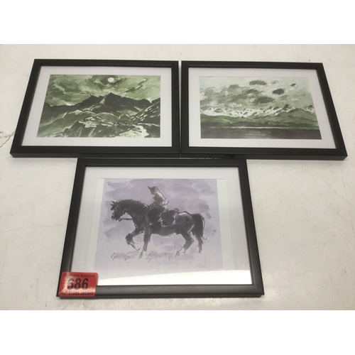 686 - Three Sir Kyffin Williams prints one with a printed signature KW 22cm x 17cm