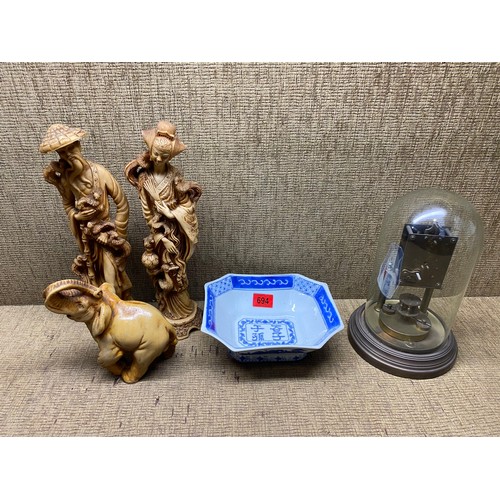 694 - Mixed items including Chinese blue and white bowl, Chinese resin figurines and a glass domed clock